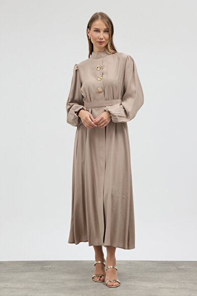 VAVİNOR Button Detailed Cupra Dress - Beige