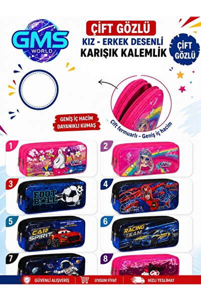 GMS WORLD ÇİFT GÖZLÜ DESENLİ KALEMLİK /GENİŞ HACİM / DAYANIKLI KUMAŞ