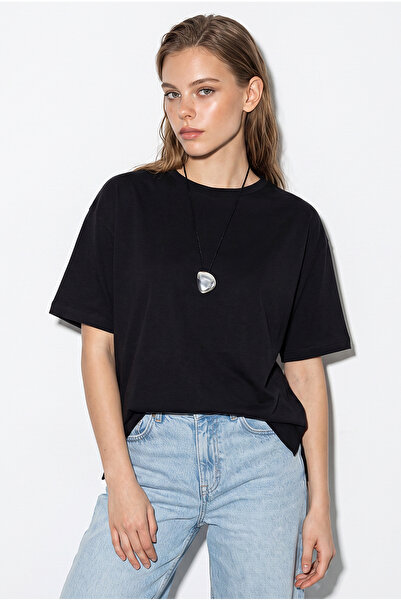 Bianco Lucci Women's 100% Cotton Oversize Crew Neck Basic T-Shirt with Side S...