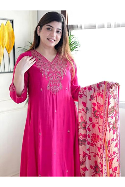 MYSMAR Pink Silk Salwar Kameez & Dupatta - ALV2036 | Pink-Size:2XL-44-Inches
