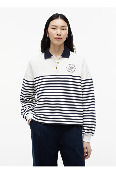 Tommy Hilfiger Beyaz Kadın Çizgili Sweatshirt WW0WW500360FG