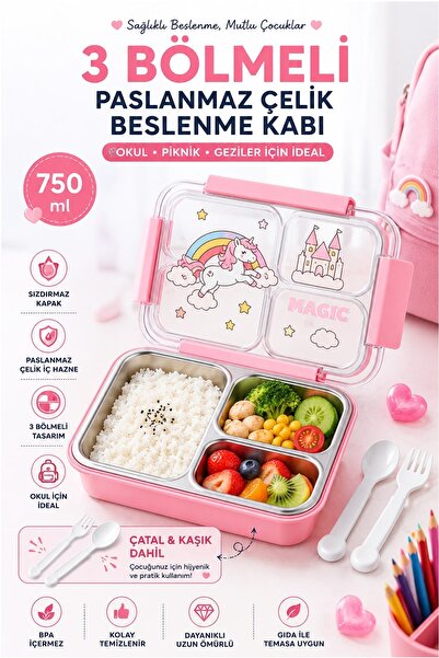 Kitchen Beauty 3 Bölmeli 304 Paslanmaz Çelik Lunch Box Beslenme Kabı Yemek Ka...