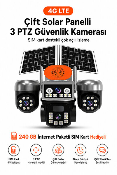 Ayers 4G LTE SIM Kartlı Çift Solar Panelli Güvenlik Kamerası, 3 PTZ Hareketli...