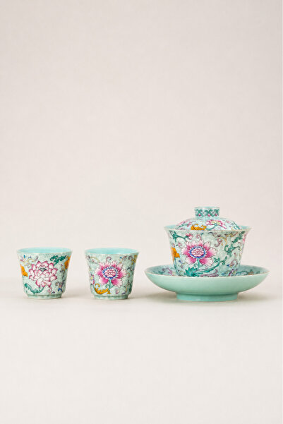 Lotus İşlemeli Kapaklı Çay Kasesi ve Fincan Mini Set