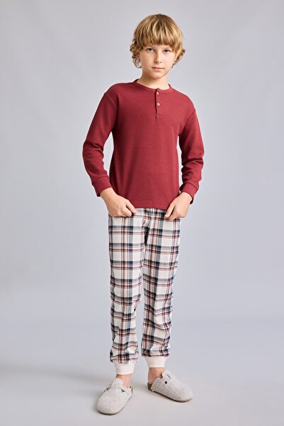 DeFacto Regular Fit Henley Collar Waffle Top Plaid Bottom 2-Piece Pajama Set ...