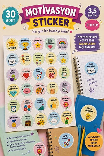 Emtory Gift 30 Adet 3,5 cm Öğrenci Motivasyon Sticker Seti Başarı Aferin Ödül...