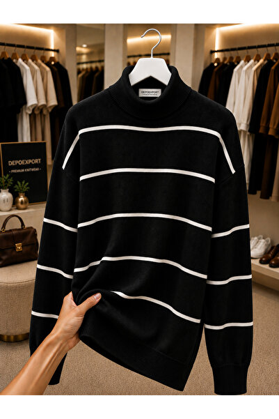 DepoExport Women's Half-Throat Striped Knitwear Sweater Oversize Loose Design