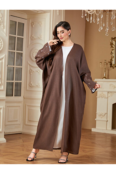 Take Two By Styli Coffee Brown Crescent Embroidered Open Front Abaya