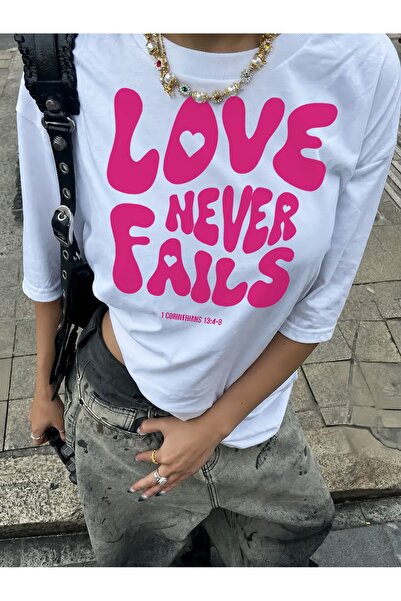Generic Brand Pink LOVE NEVER FAILS Heart Text,comfy lightweight,women's t-sh...