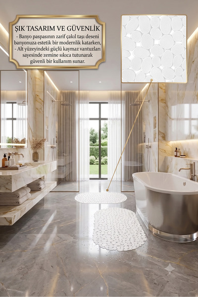 2 ADET BEYAZ Premium Çakıl Taşı Desenli Banyo Paspası – Kaymaz Vantuzlu & Drenaj Delikli Duş Paspası (Banyo & Duşakabin İçi) D-130