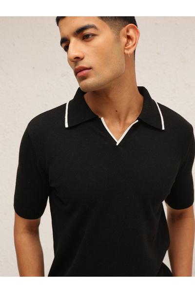 Mascln Sassafras By Styli Men Black Relaxed Fit Knitted Polo T-Shirt