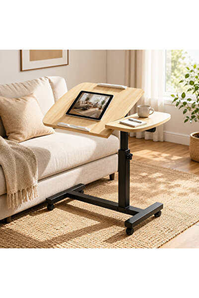 Generic Brand Movable height-adjustable table, solid wood tabletop, with whee...