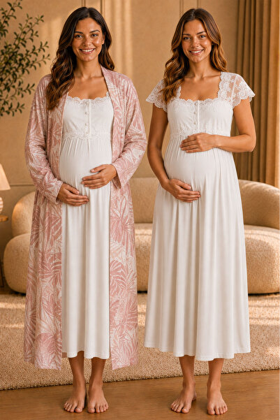 ByLohusa Soft Textured Patterned Dressing Gown Maternity Nightgown Set Effort...