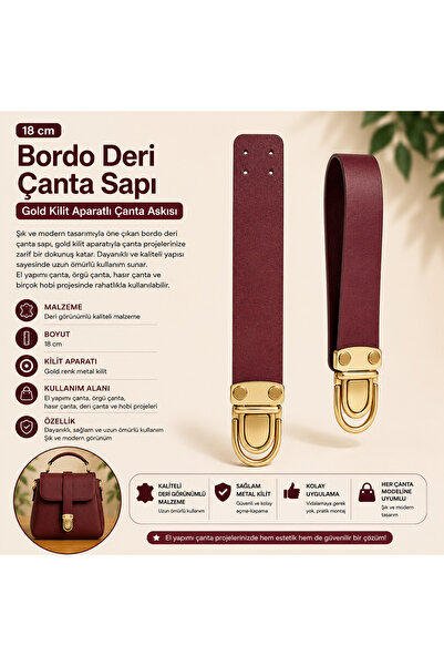 Kanguroom Burgundy Leather Bag Handle – Bag Strap with Gold Locking Device 18 cm