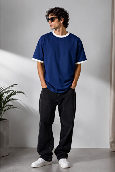 Cool mans Unisex Saks Blue Color White Piping Collar Plain Oversize Cotton T-...