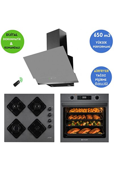 Eminçelik ve AFM Marka G1 Airfryer Dijital Cam Antrasit-Gri Ankastre Set AF 2...