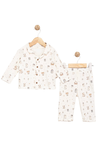 Divonette Unisex Baby Cute Cow and Milk Themed Printed Buttoned Collar Pajama Set