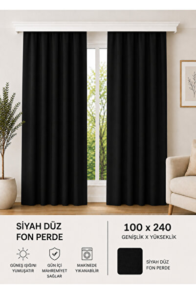 İQON Plain Thick Background Curtain Black – Ready for Cornice 100X240 cm