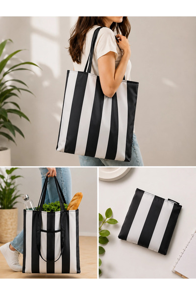 IKEA Foldable Shopping Bag - Multi-Purpose Fabric Market Shoulder Bag - Strip...