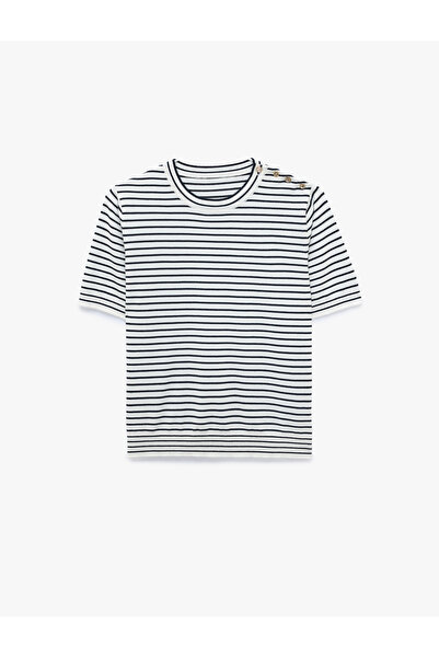 Koton Button Detailed Crew Neck Short Sleeve Striped Knitwear T-Shirt