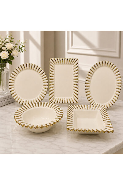 Hinora 5-Piece Porcelain Presentation Set with Gold Detail – Striped Serving ...