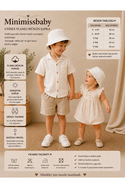 Minimissbaby Beyaz Flamlı Müslin Unisex Pamuklu Bucket Şapka