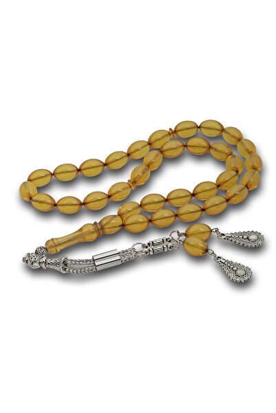Inure Jewelry Honey Color Crimped Amber Prayer Beads with Metal Tassels