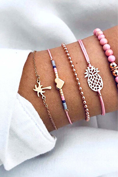 VeeShop Set 5 bratari aurii, cu margele roz, palmier, ananas si mandala