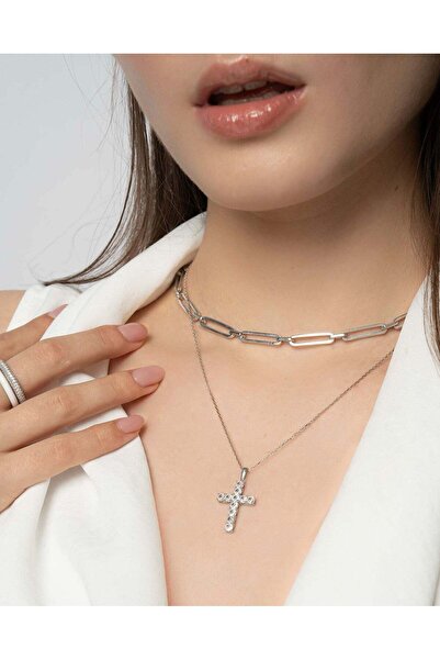 Stemma Jewelry Colier Lant cu Pandantiv Cross din Argint 925, cu Zirconiu, Pl...