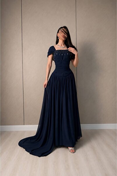 Bamah Navy Blue Evening Dress with Sophisticated Embroidery for Mature Women