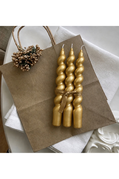 MUMBOX 3’lü Spiral Burgu Kokulu Mum Şamdan 3 Adet Gold Altın Renk