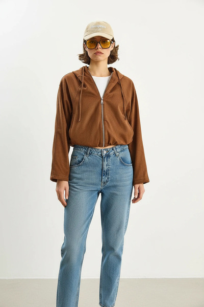 Efnaz style Women's Hooded Zippered Pocket Detailed Lined Suede Tan Jacket