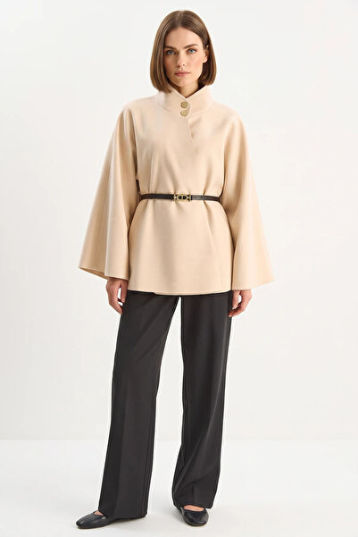 Generic Brand Women's Gold Button Detailed Stand Collar Belted Poncho Beige