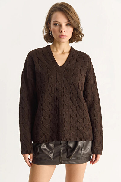 Şeker Portakalım Women's Oval Collar Hair Knit Oversize Knitwear Brown Sweater