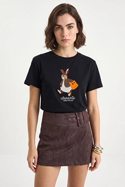 Şeker Portakalım Women's Rabbit Embroidered Crew Neck Basic t Shirt Black