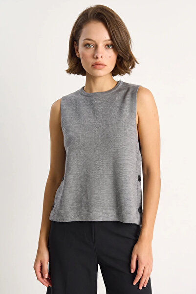 Generic Brand Women's Crew Neck Knitted Gray Melange Blouse with Side Button ...