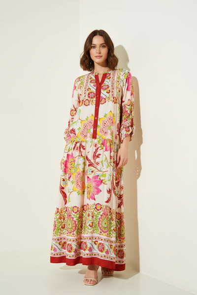 Efnaz style Women's High Collar Gathered Waist Floral Patterned Burgundy Hija...