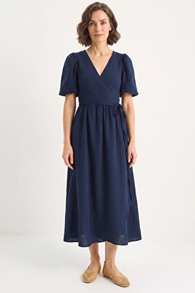 Efnaz style Women's Double-Breasted Balloon Sleeve Long Muslin Navy Blue Dress
