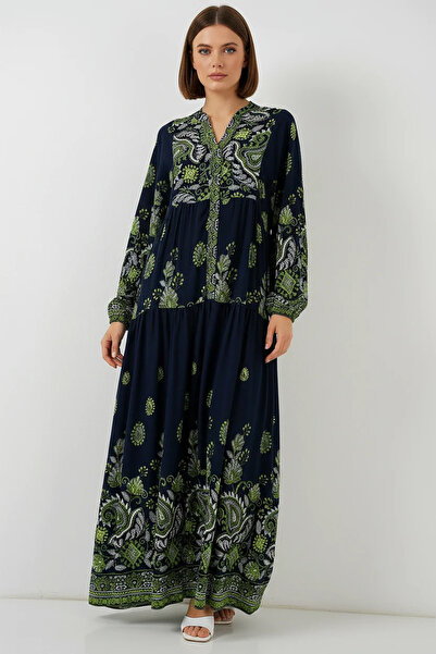 Efnaz style Women's V-Neck Gathered Waist Floral Patterned Viscose Navy Blue ...