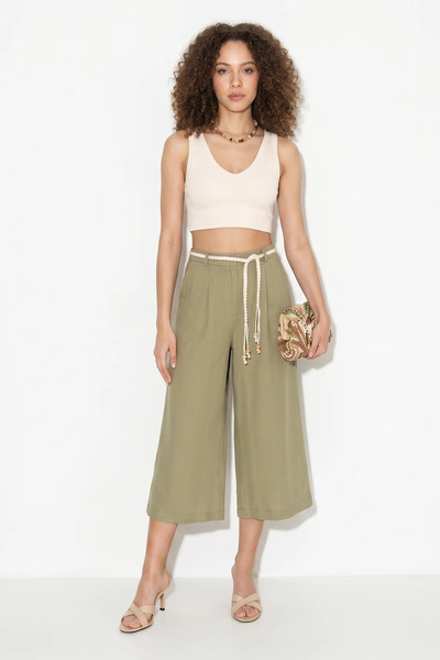 Efnaz style Women's Lined Linen Pocket Belt Detailed Wide Leg Culotte Green T...