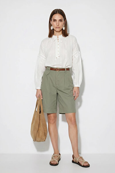 Efnaz style Women's High Waist Pleated Detailed Belted Bermuda Green Shorts