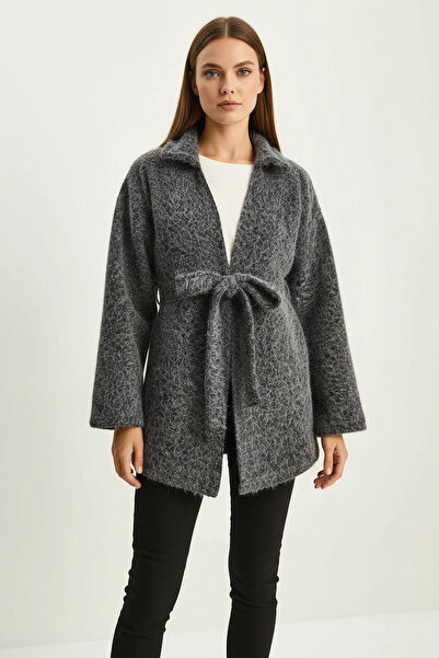 Efnaz style Women's Shirt Collar Tie Detail Washed Cashmere Gray Coat