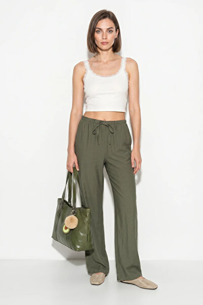 Efnaz style Women's Elastic Waist Tie Pocket Ayrobin Wide Leg Khaki Trousers