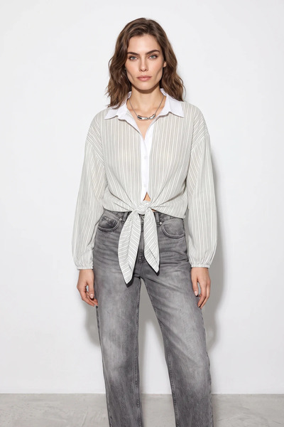 Efnaz style Women's Striped Oversized White Green Shirt with Tie Detail