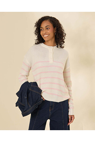 REDTAG Women Pink Striped Rib Knit Henley Pullover