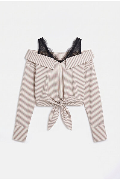 it's basic Women's Coffee Striped W6-16 Relaxed Black Tulle and Shoulder Deta...