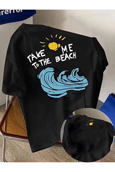 AEMİ Unisex Take Me To The Beach Μπλουζάκι με στάμπα Oversize Crew Neck
