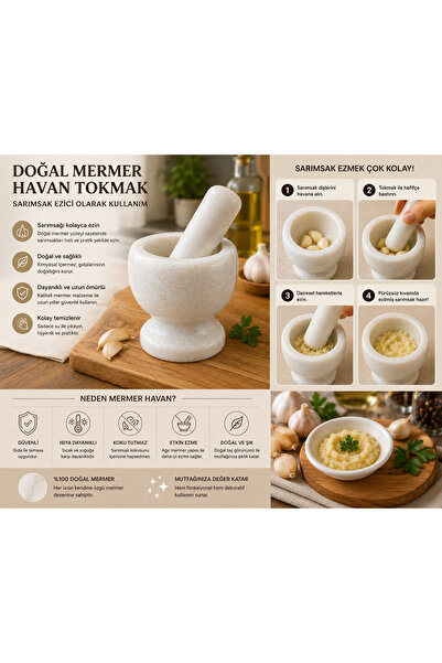 YDGR Beyaz Mermer Havan ve Tokmak – Doğal Taş Baharat Ezici ve Öğütücü Mutfak Havanı
