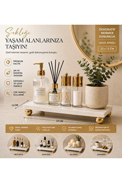 Meralles Gold Ayaklı Mermer Tepsi Dekoratif Sunumluk – Beyaz Mermer Sunum Tep...