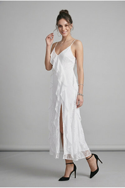 Giyim Dünyası Women's Lace Ruffle Detailed Rope Strap Dress White